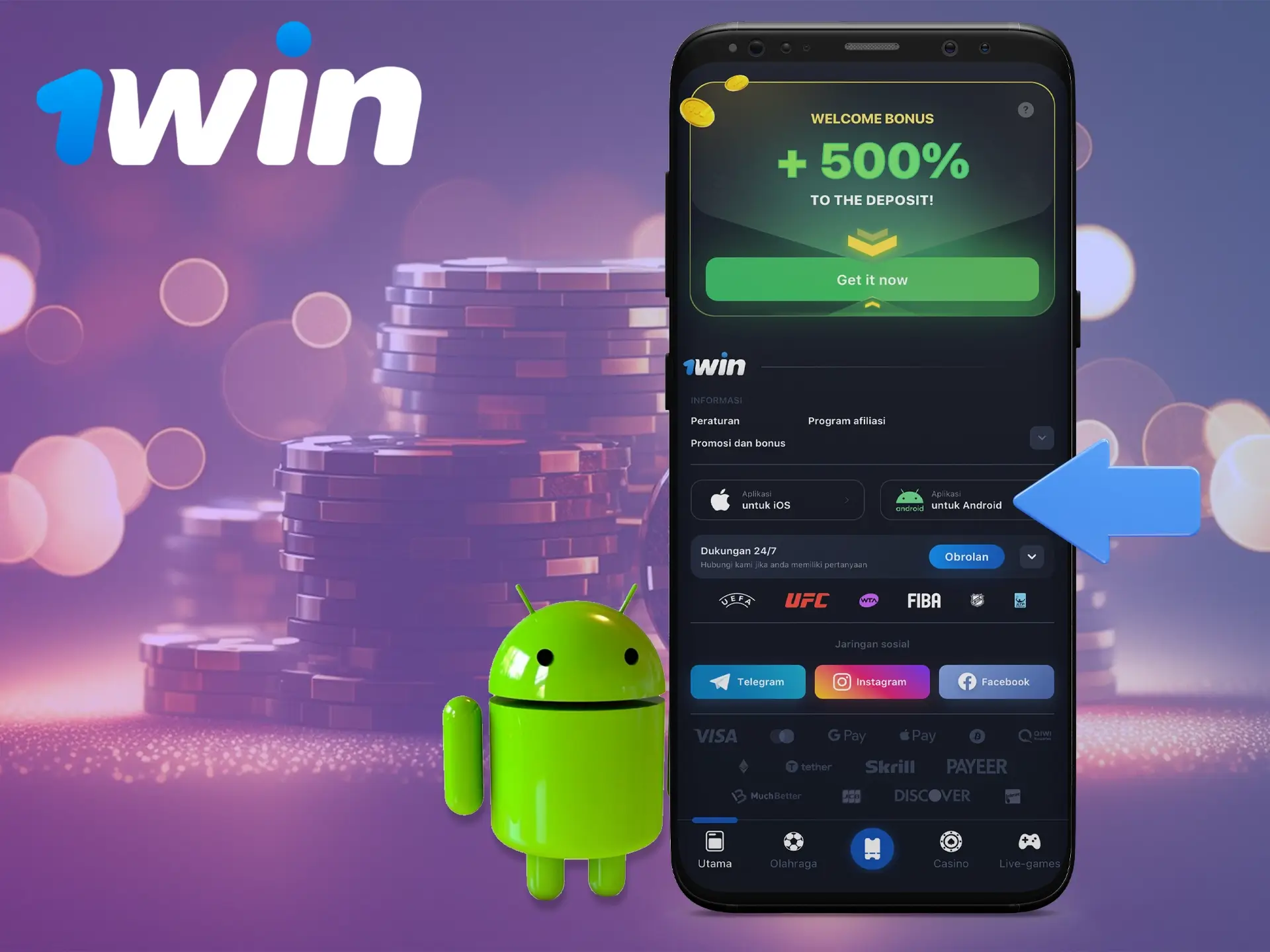 Untuk menginstal aplikasi 1Win, cari ikon logo Android di situs web.