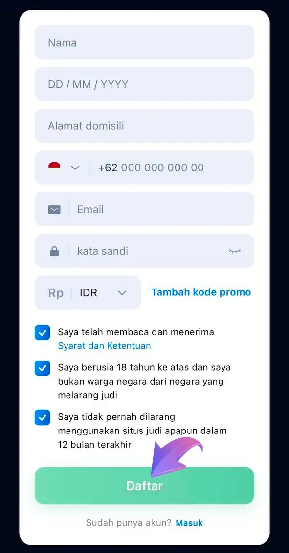 Daftar dan dapatkan akses ke permainan dan taruhan dari 1Win Casino.