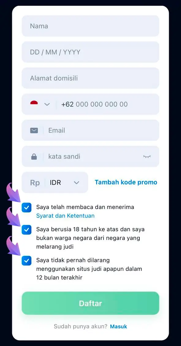 Baca peraturan dan konfirmasikan pendaftaran Anda dengan 1Win.