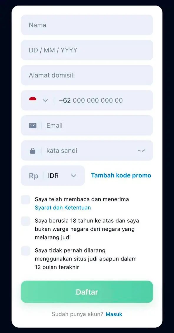 Isi formulir pendaftaran kasino 1Win dengan hati-hati.