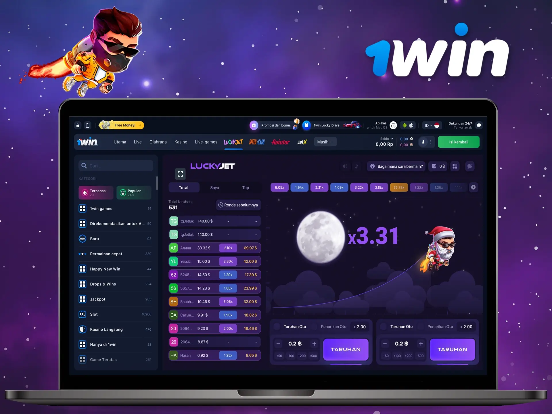 Pasang taruhan Anda dan tarik kemenangan Anda sebelum karakter permainan turun di game Lucky Jet dari 1Win.