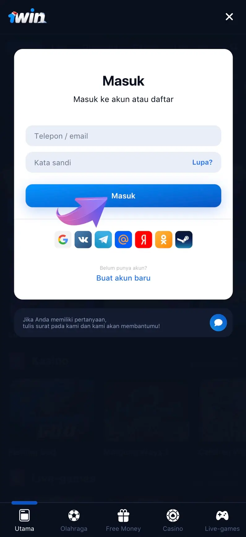 Masuk ke 1Win dengan login dan kata sandi Anda.