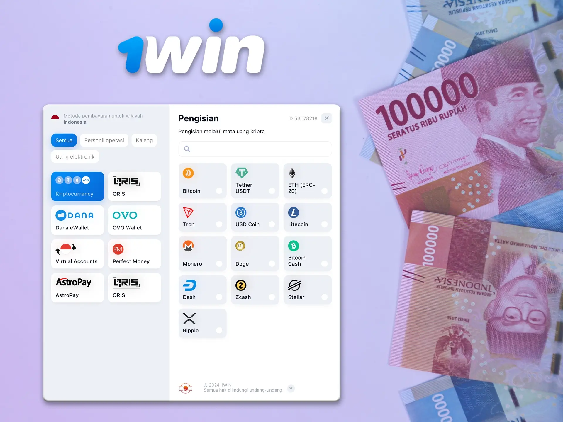 Gunakan metode deposit dan penarikan yang cocok untuk Anda di 1Win.