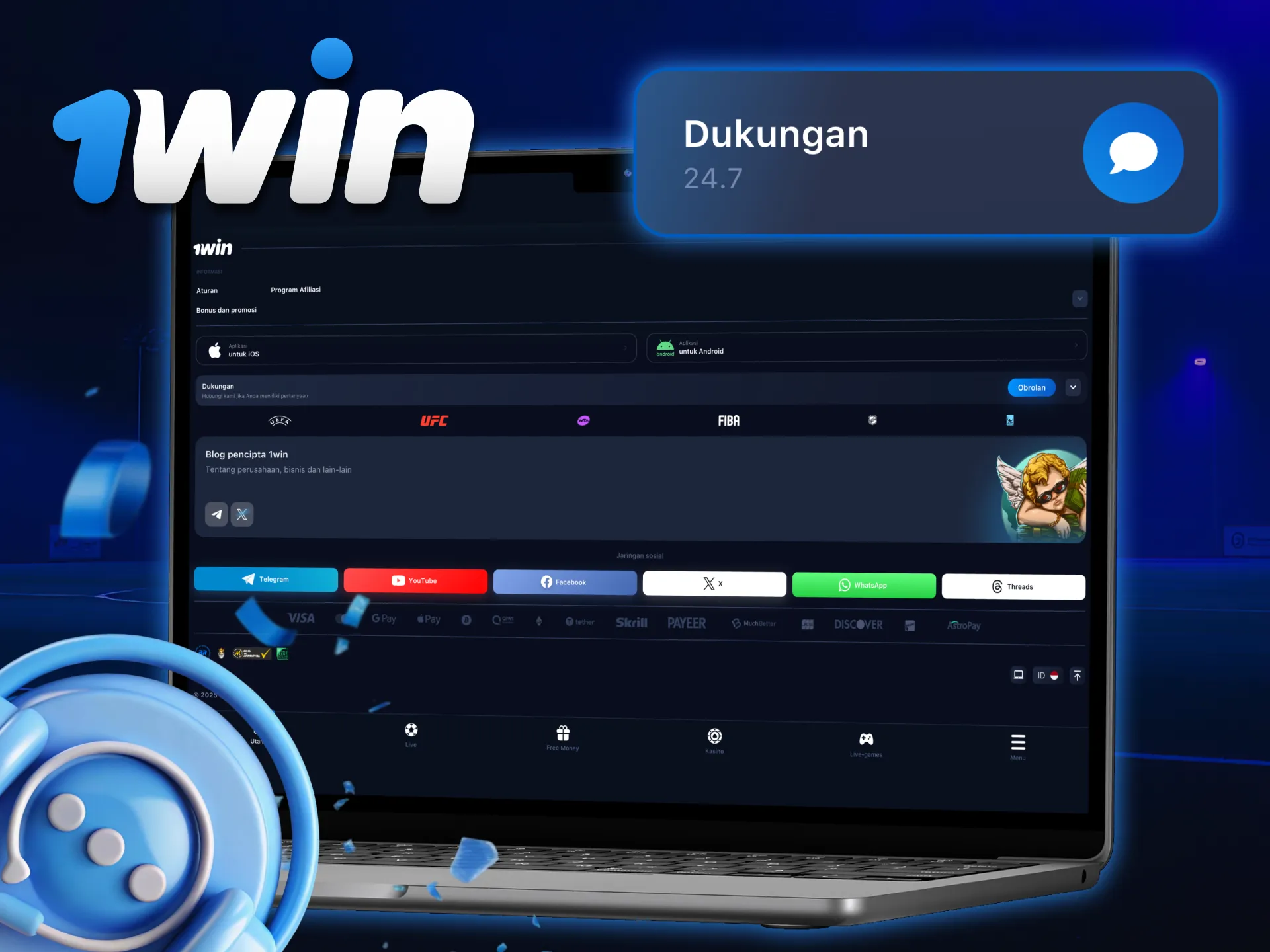 Bantuan 24/7 dari tim support 1Win Indonesia.