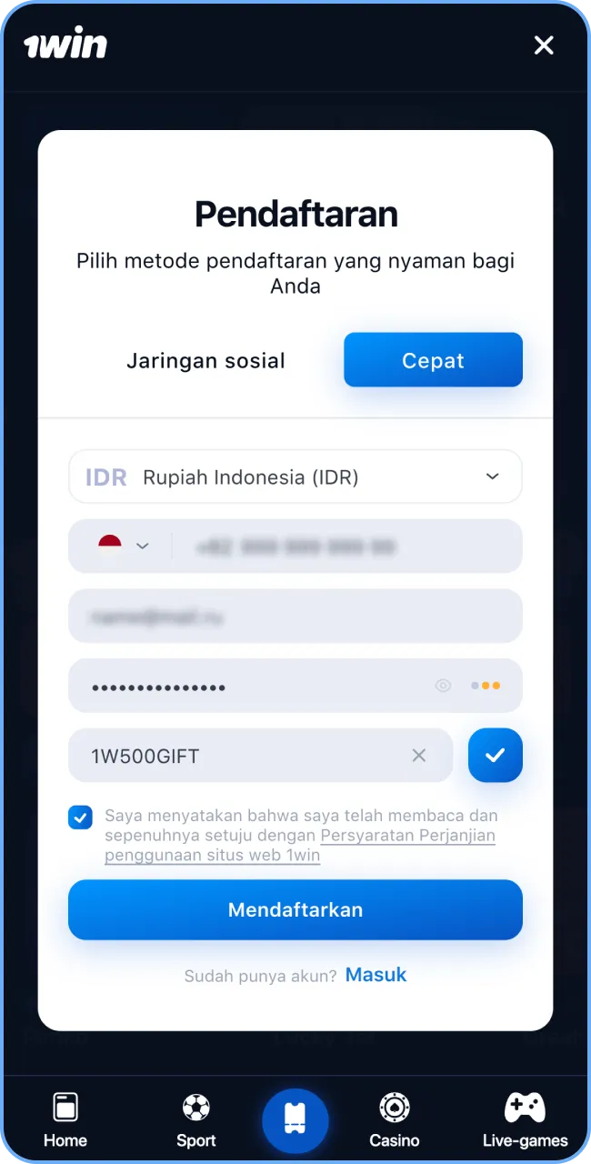 Masukkan kode promo Anda dan dapatkan bonus 1win Anda.